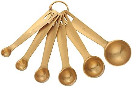 Set of 6 Measuring Spoons, Round Stainless Stee Spoon with Accurate Measurement Markings and Removable Clasp, Teaspoon Measure Spoons for Dry Liquid Ingredients (Gold)