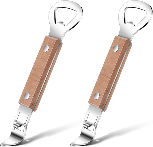 2 Pack Flat Bottle Opener Bartender with Wooden Handle, Can Punch Opener, Stainless Steel Can Opener, Bar Bottle Opener, Dishwasher Safe, Brown