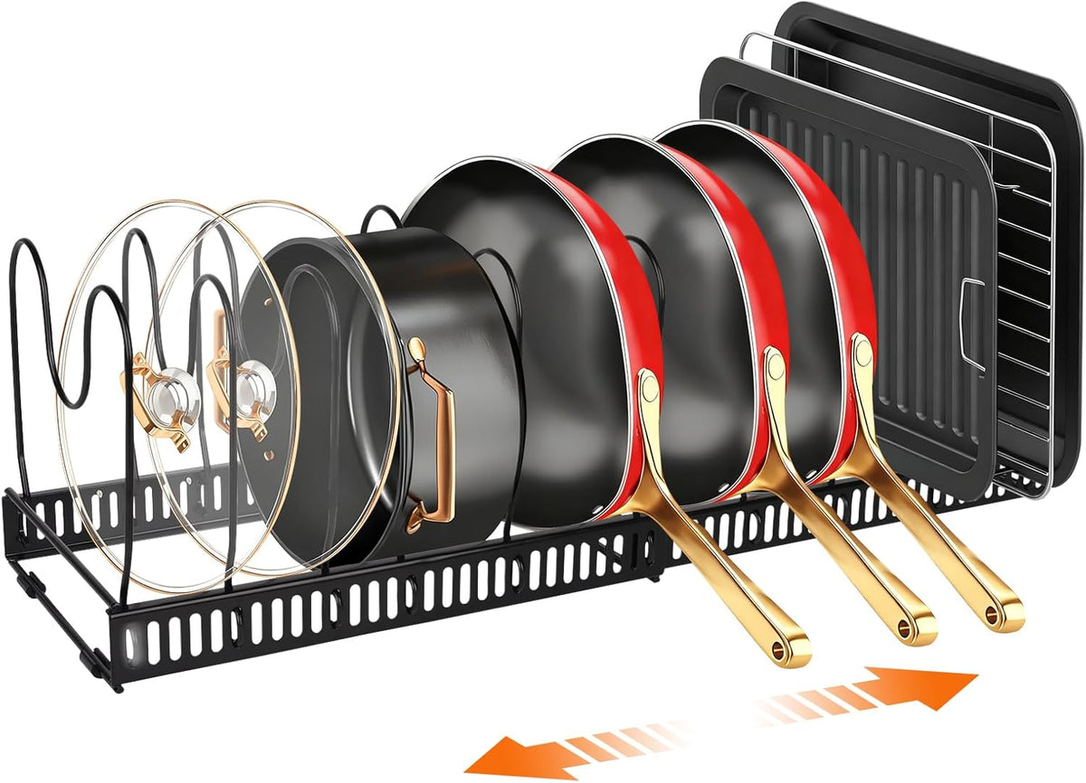 Pots and Pans Organizer for Under Cabinet, Expandable 11.81''-22.85'' Kitchen Organizer with 13 Adjustable Compartments, Pot Lid Pan Rack for Cabinet Drawer Countertop, Bakeware Cutting Board