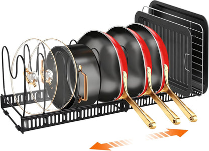 Pots and Pans Organizer for Under Cabinet, Expandable 11.81''-22.85'' Kitchen Organizer with 13 Adjustable Compartments, Pot Lid Pan Rack for Cabinet Drawer Countertop, Bakeware Cutting Board