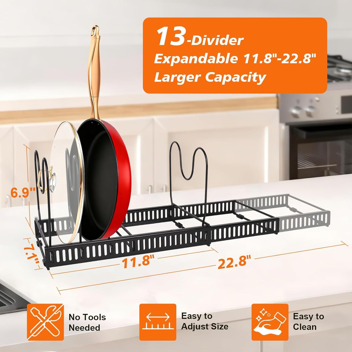 Pots and Pans Organizer for Under Cabinet, Expandable 11.81''-22.85'' Kitchen Organizer with 13 Adjustable Compartments, Pot Lid Pan Rack for Cabinet Drawer Countertop, Bakeware Cutting Board