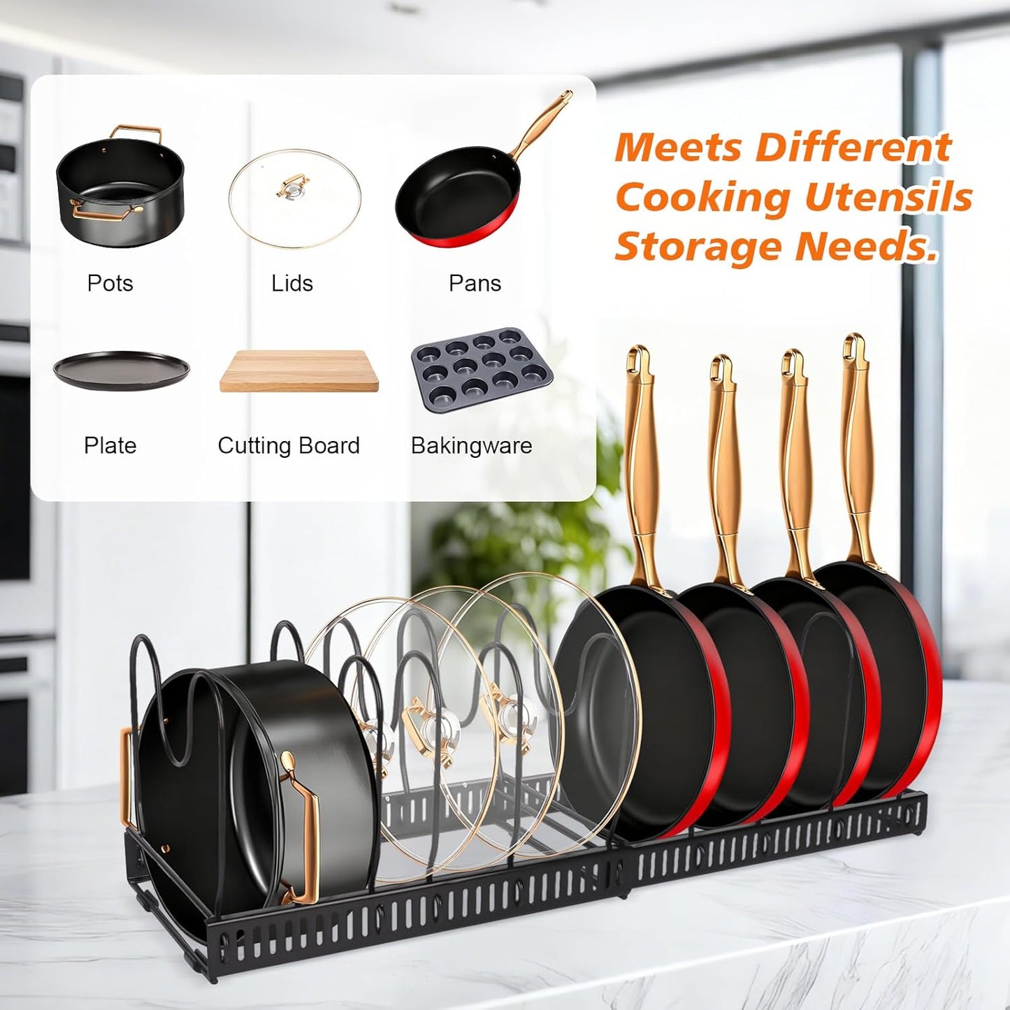 Pots and Pans Organizer for Under Cabinet, Expandable 11.81''-22.85'' Kitchen Organizer with 13 Adjustable Compartments, Pot Lid Pan Rack for Cabinet Drawer Countertop, Bakeware Cutting Board