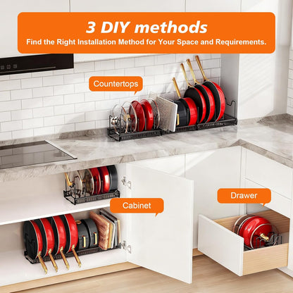 Pots and Pans Organizer for Under Cabinet, Expandable 11.81''-22.85'' Kitchen Organizer with 13 Adjustable Compartments, Pot Lid Pan Rack for Cabinet Drawer Countertop, Bakeware Cutting Board