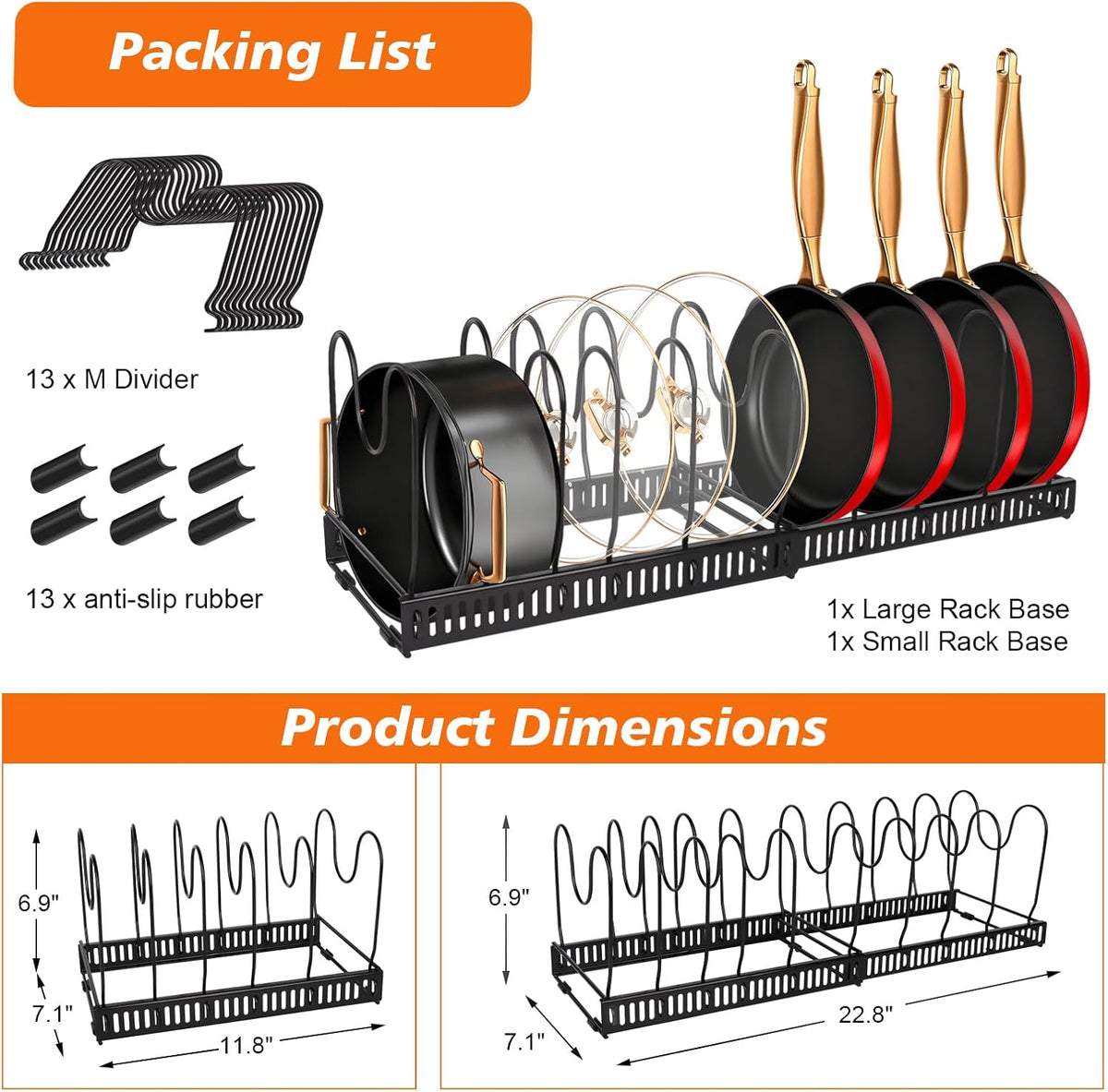 Pots and Pans Organizer for Under Cabinet, Expandable 11.81''-22.85'' Kitchen Organizer with 13 Adjustable Compartments, Pot Lid Pan Rack for Cabinet Drawer Countertop, Bakeware Cutting Board