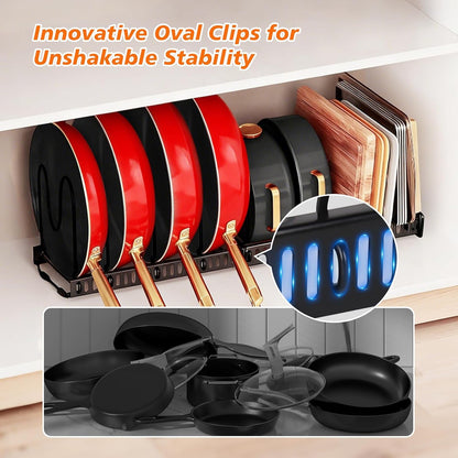 Pots and Pans Organizer for Under Cabinet, Expandable 11.81''-22.85'' Kitchen Organizer with 13 Adjustable Compartments, Pot Lid Pan Rack for Cabinet Drawer Countertop, Bakeware Cutting Board