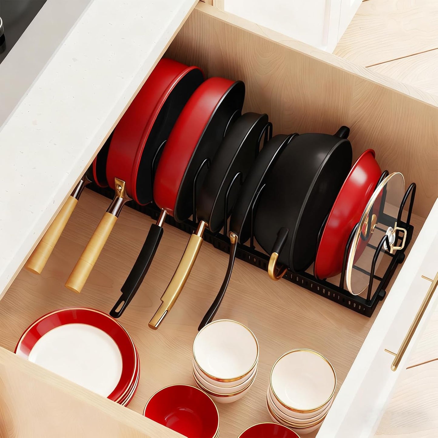 Pots and Pans Organizer for Under Cabinet, Expandable 11.81''-22.85'' Kitchen Organizer with 13 Adjustable Compartments, Pot Lid Pan Rack for Cabinet Drawer Countertop, Bakeware Cutting Board