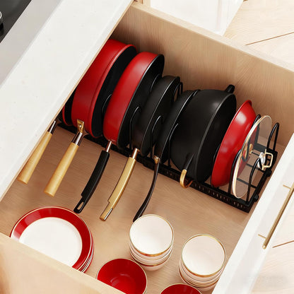 Pots and Pans Organizer for Under Cabinet, Expandable 11.81''-22.85'' Kitchen Organizer with 13 Adjustable Compartments, Pot Lid Pan Rack for Cabinet Drawer Countertop, Bakeware Cutting Board