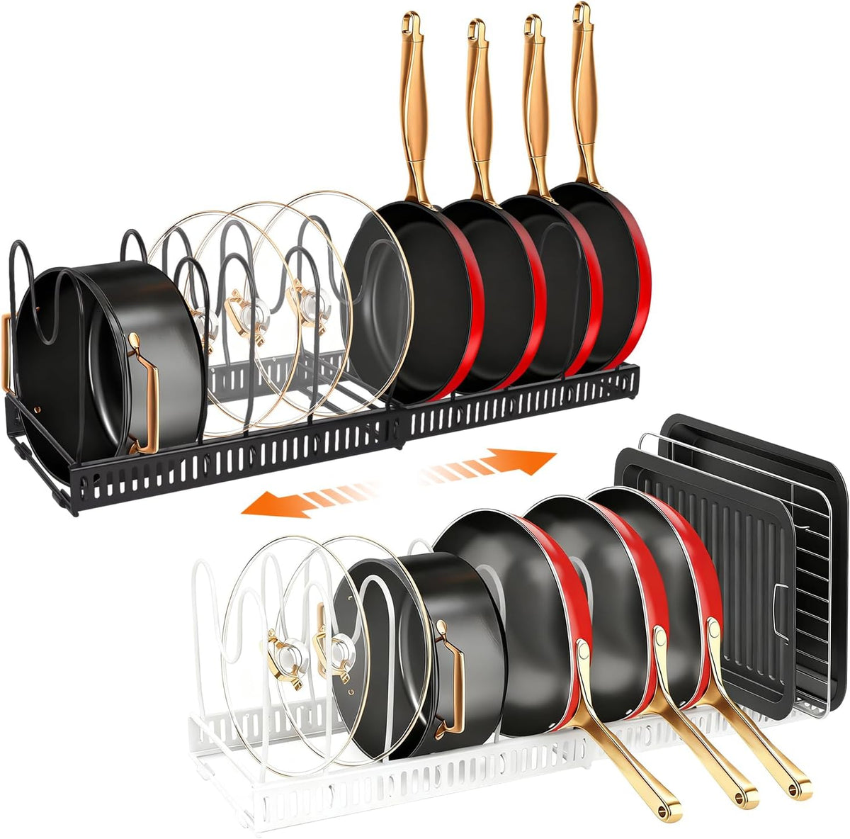 Pots and Pans Organizer for Under Cabinet, Expandable 11.81''-22.85'' Kitchen Organizer with 13 Adjustable Compartments, Pot Lid Pan Rack for Cabinet Drawer Countertop, Bakeware Cutting Board