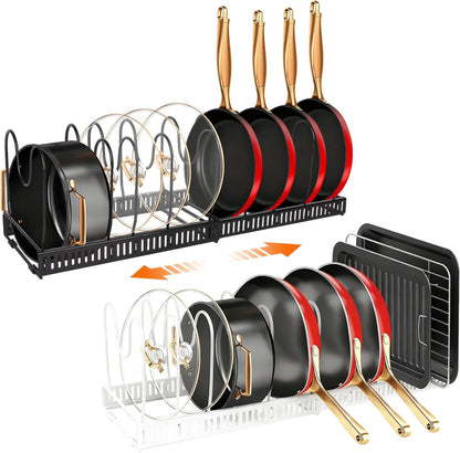 Pots and Pans Organizer for Under Cabinet, Expandable 11.81''-22.85'' Kitchen Organizer with 13 Adjustable Compartments, Pot Lid Pan Rack for Cabinet Drawer Countertop, Bakeware Cutting Board
