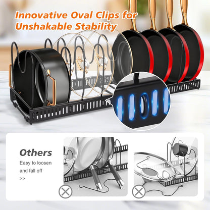 Pots and Pans Organizer for Under Cabinet, Expandable 11.81''-22.85'' Kitchen Organizer with 13 Adjustable Compartments, Pot Lid Pan Rack for Cabinet Drawer Countertop, Bakeware Cutting Board