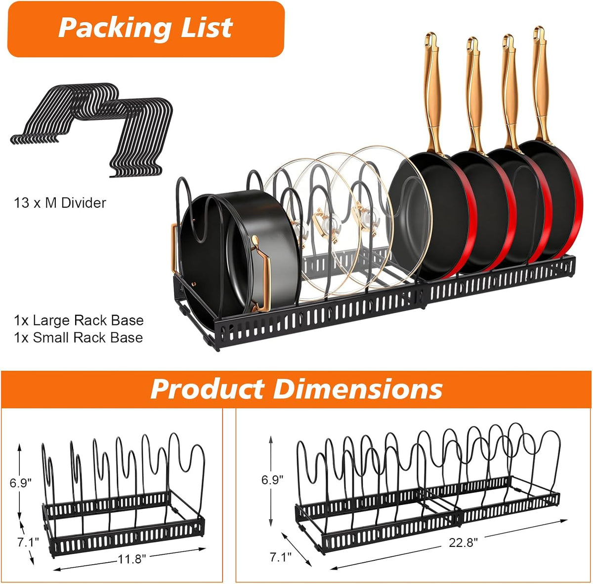 Pots and Pans Organizer for Under Cabinet, Expandable 11.81''-22.85'' Kitchen Organizer with 13 Adjustable Compartments, Pot Lid Pan Rack for Cabinet Drawer Countertop, Bakeware Cutting Board