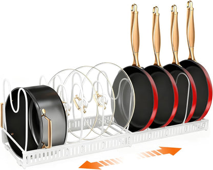 Pots and Pans Organizer for Under Cabinet, Expandable 11.81''-22.85'' Kitchen Organizer with 13 Adjustable Compartments, Pot Lid Pan Rack for Cabinet Drawer Countertop, Bakeware Cutting Board