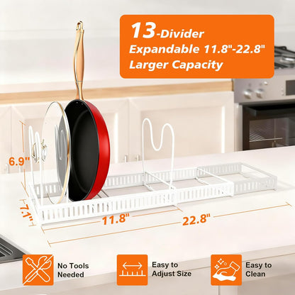 Pots and Pans Organizer for Under Cabinet, Expandable 11.81''-22.85'' Kitchen Organizer with 13 Adjustable Compartments, Pot Lid Pan Rack for Cabinet Drawer Countertop, Bakeware Cutting Board