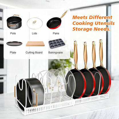 Pots and Pans Organizer for Under Cabinet, Expandable 11.81''-22.85'' Kitchen Organizer with 13 Adjustable Compartments, Pot Lid Pan Rack for Cabinet Drawer Countertop, Bakeware Cutting Board