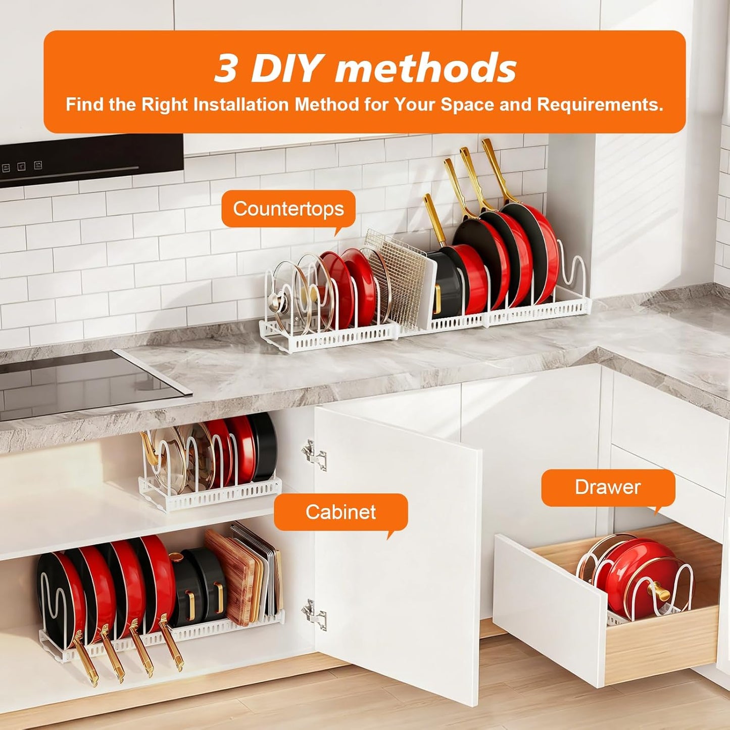 Pots and Pans Organizer for Under Cabinet, Expandable 11.81''-22.85'' Kitchen Organizer with 13 Adjustable Compartments, Pot Lid Pan Rack for Cabinet Drawer Countertop, Bakeware Cutting Board
