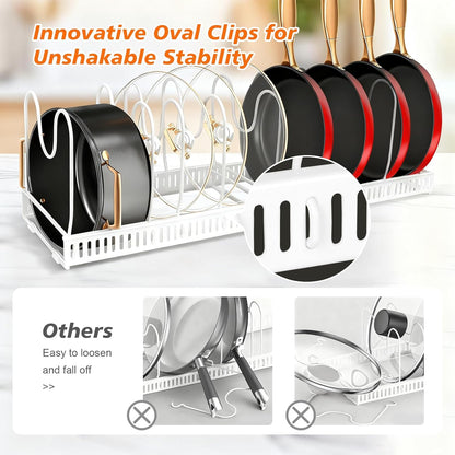 Pots and Pans Organizer for Under Cabinet, Expandable 11.81''-22.85'' Kitchen Organizer with 13 Adjustable Compartments, Pot Lid Pan Rack for Cabinet Drawer Countertop, Bakeware Cutting Board