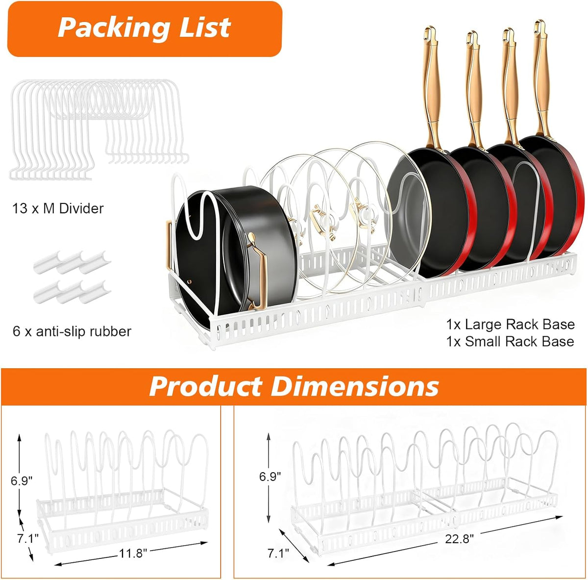 Pots and Pans Organizer for Under Cabinet, Expandable 11.81''-22.85'' Kitchen Organizer with 13 Adjustable Compartments, Pot Lid Pan Rack for Cabinet Drawer Countertop, Bakeware Cutting Board