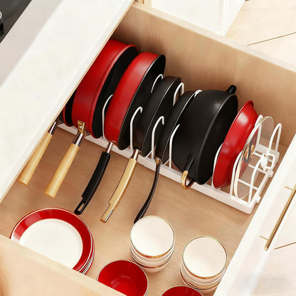Pots and Pans Organizer for Under Cabinet, Expandable 11.81''-22.85'' Kitchen Organizer with 13 Adjustable Compartments, Pot Lid Pan Rack for Cabinet Drawer Countertop, Bakeware Cutting Board