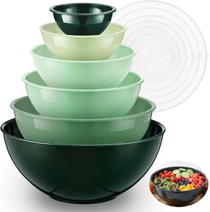 6 Pcs Plastic Mixing Bowl Set with Lids Colorful Serving Bowl Nesting Storage Bowls for Kitchen, Baking, Prepping, Cooking and Serving Food, Dishwasher & Microwave Safe(Green)