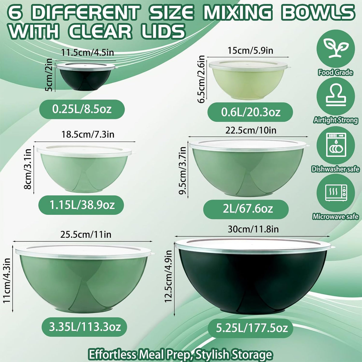 6 Pcs Plastic Mixing Bowl Set with Lids Colorful Serving Bowl Nesting Storage Bowls for Kitchen, Baking, Prepping, Cooking and Serving Food, Dishwasher & Microwave Safe(Green)