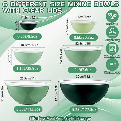 6 Pcs Plastic Mixing Bowl Set with Lids Colorful Serving Bowl Nesting Storage Bowls for Kitchen, Baking, Prepping, Cooking and Serving Food, Dishwasher & Microwave Safe(Green)