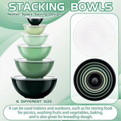 6 Pcs Plastic Mixing Bowl Set with Lids Colorful Serving Bowl Nesting Storage Bowls for Kitchen, Baking, Prepping, Cooking and Serving Food, Dishwasher & Microwave Safe(Green)