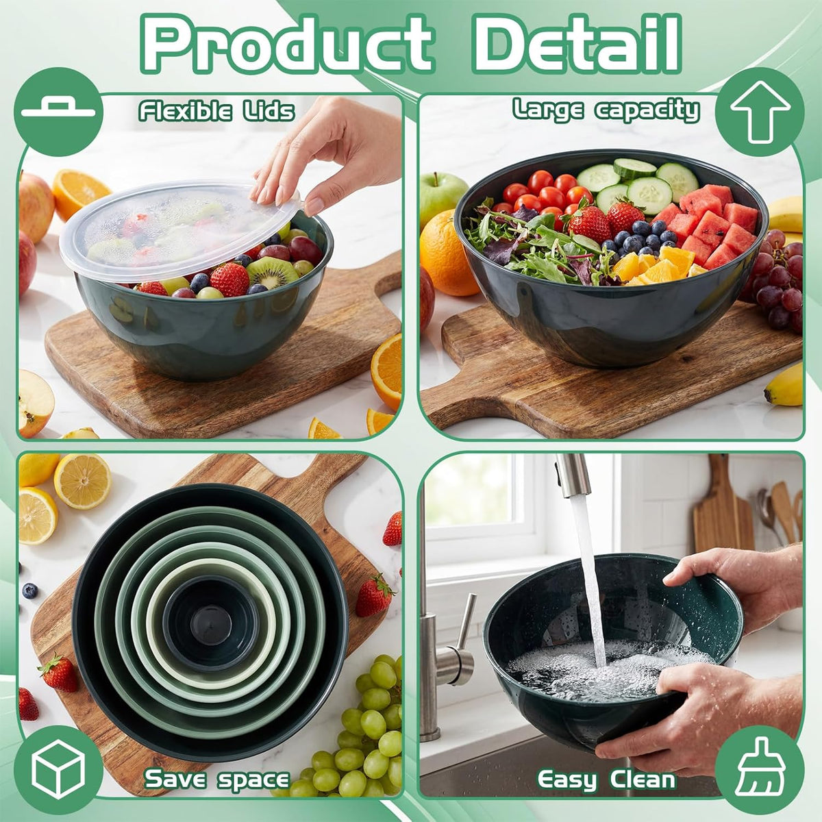 6 Pcs Plastic Mixing Bowl Set with Lids Colorful Serving Bowl Nesting Storage Bowls for Kitchen, Baking, Prepping, Cooking and Serving Food, Dishwasher & Microwave Safe(Green)