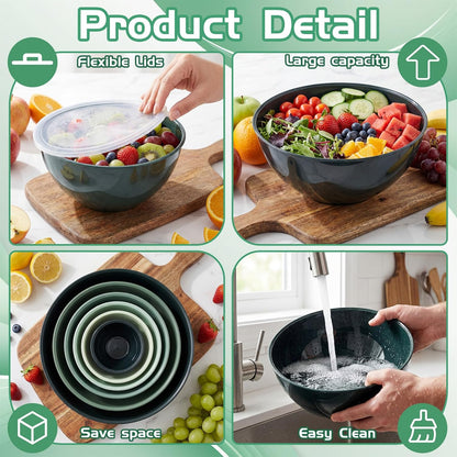 6 Pcs Plastic Mixing Bowl Set with Lids Colorful Serving Bowl Nesting Storage Bowls for Kitchen, Baking, Prepping, Cooking and Serving Food, Dishwasher & Microwave Safe(Green)