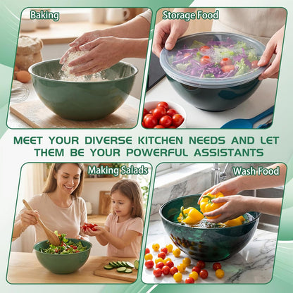 6 Pcs Plastic Mixing Bowl Set with Lids Colorful Serving Bowl Nesting Storage Bowls for Kitchen, Baking, Prepping, Cooking and Serving Food, Dishwasher & Microwave Safe(Green)