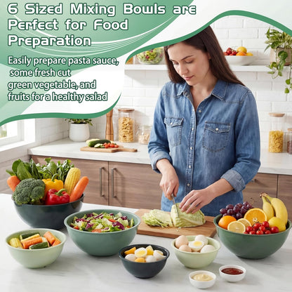 6 Pcs Plastic Mixing Bowl Set with Lids Colorful Serving Bowl Nesting Storage Bowls for Kitchen, Baking, Prepping, Cooking and Serving Food, Dishwasher & Microwave Safe(Green)