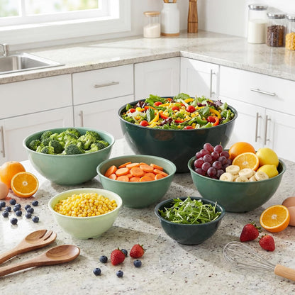 6 Pcs Plastic Mixing Bowl Set with Lids Colorful Serving Bowl Nesting Storage Bowls for Kitchen, Baking, Prepping, Cooking and Serving Food, Dishwasher & Microwave Safe(Green)