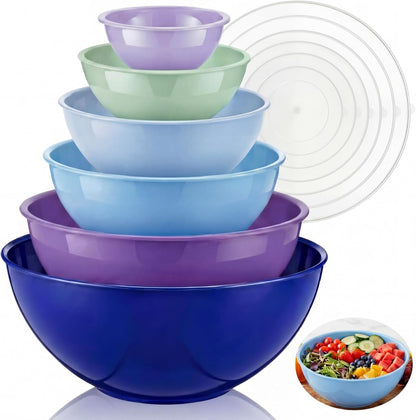 6 Pcs Plastic Mixing Bowl Set with Lids Colorful Serving Bowl Nesting Storage Bowls for Kitchen, Baking, Prepping, Cooking and Serving Food, Dishwasher & Microwave Safe(Green)