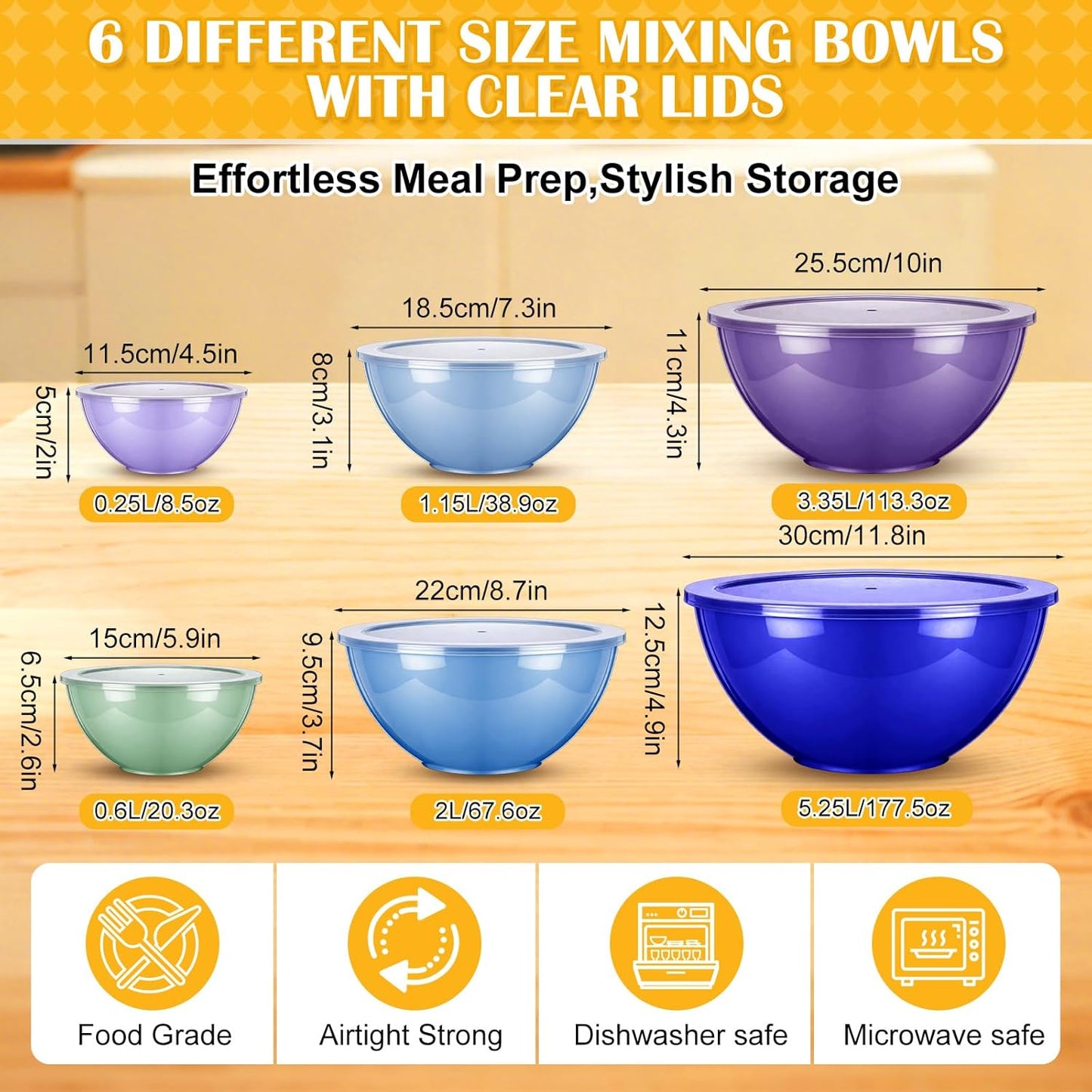 6 Pcs Plastic Mixing Bowl Set with Lids Colorful Serving Bowl Nesting Storage Bowls for Kitchen, Baking, Prepping, Cooking and Serving Food, Dishwasher & Microwave Safe(Green)
