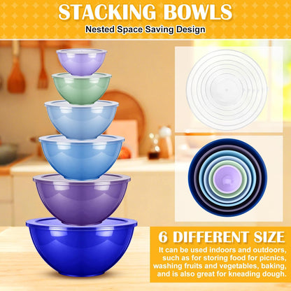 6 Pcs Plastic Mixing Bowl Set with Lids Colorful Serving Bowl Nesting Storage Bowls for Kitchen, Baking, Prepping, Cooking and Serving Food, Dishwasher & Microwave Safe(Green)