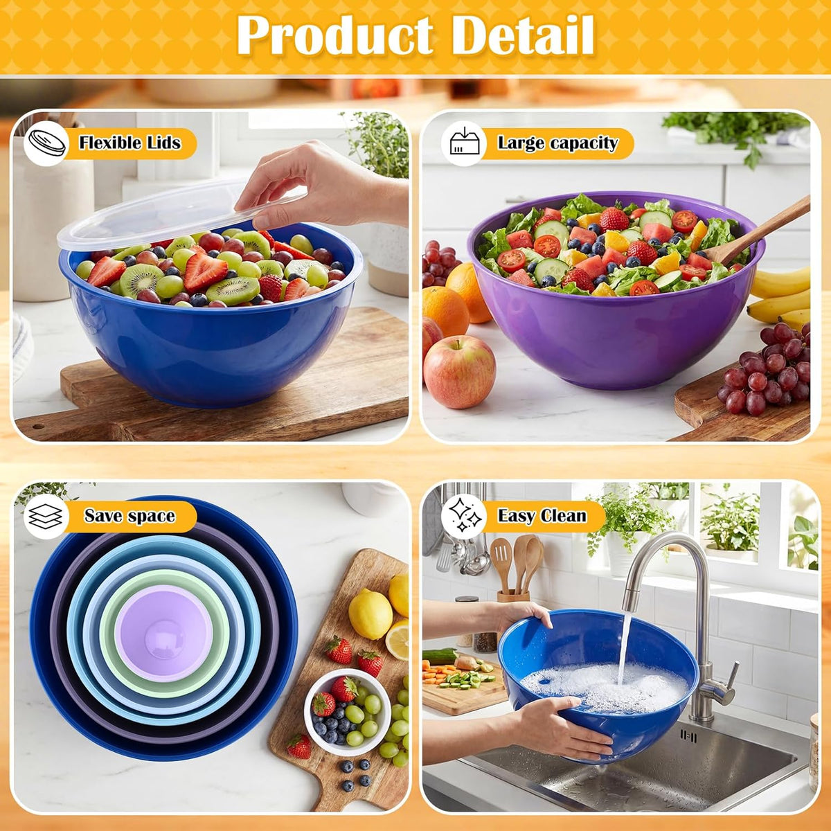 6 Pcs Plastic Mixing Bowl Set with Lids Colorful Serving Bowl Nesting Storage Bowls for Kitchen, Baking, Prepping, Cooking and Serving Food, Dishwasher & Microwave Safe(Green)