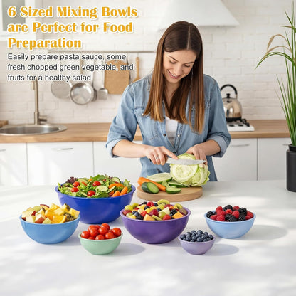 6 Pcs Plastic Mixing Bowl Set with Lids Colorful Serving Bowl Nesting Storage Bowls for Kitchen, Baking, Prepping, Cooking and Serving Food, Dishwasher & Microwave Safe(Green)