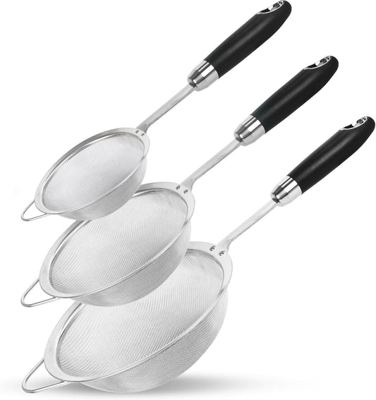 Stainless Steel Fine Mesh Strainer Set,18/10 Strainer for Kitchen | for Pasta, Rice, Flour & Tea – Reinforced Handle, Hook Rest, Heat-Safe Grip, Dishwasher Safe (3 Sizes 12/14/18cm, 40 Mesh)