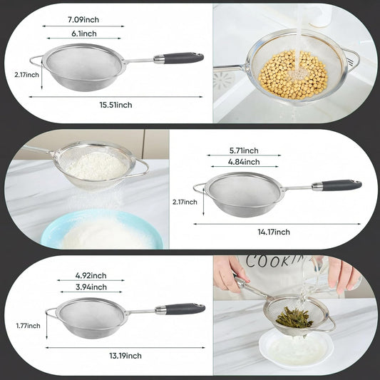Stainless Steel Fine Mesh Strainer Set,18/10 Strainer for Kitchen | for Pasta, Rice, Flour & Tea – Reinforced Handle, Hook Rest, Heat-Safe Grip, Dishwasher Safe (3 Sizes 12/14/18cm, 40 Mesh)