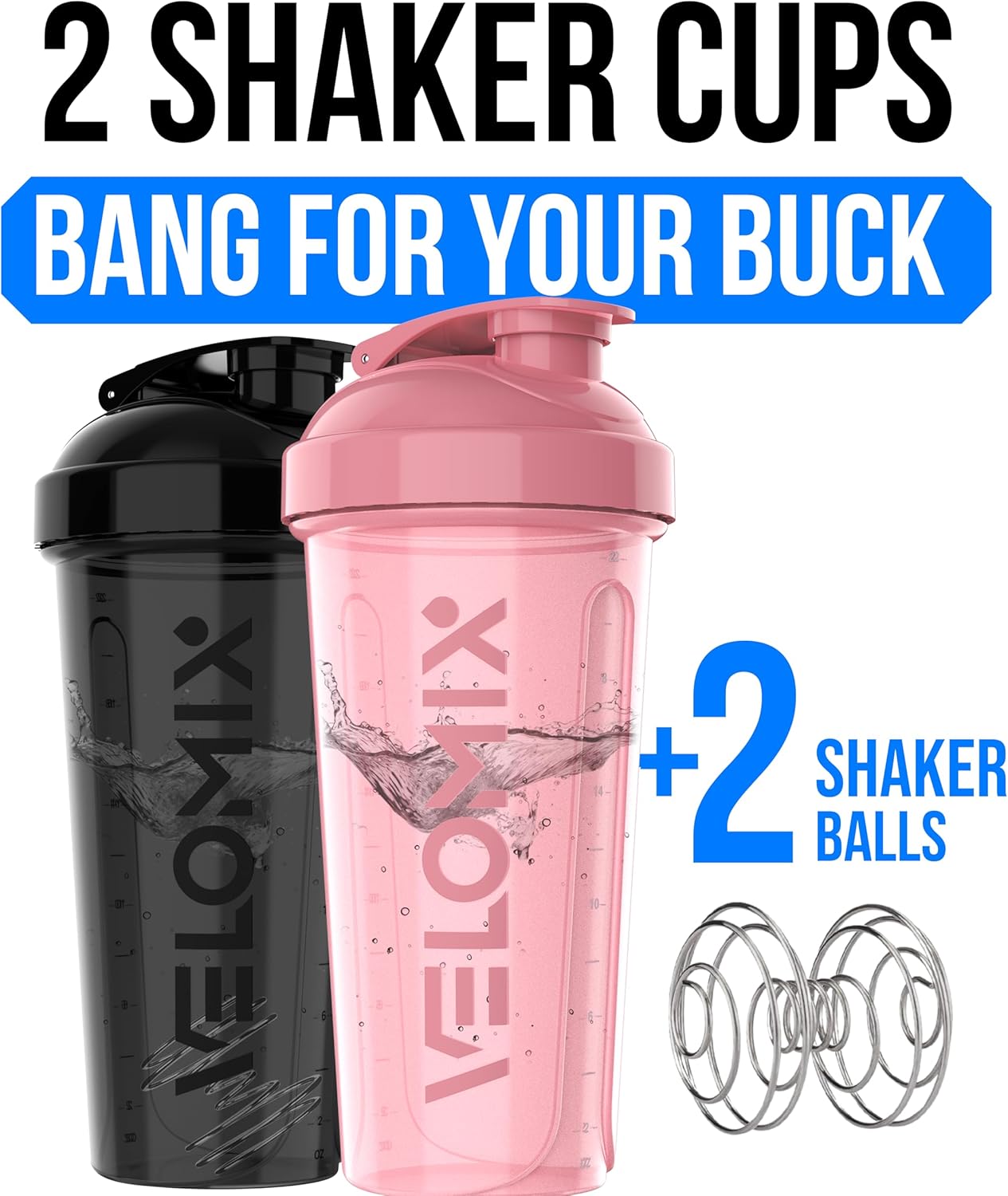 2 Pack- 28 oz Protein Shaker Bottles for Protein Mixes - 2x Wire Whisk | Leak Proof Shaker Cups for Protein Shakes | Protein Shaker Bottle Pack (Black/Transparent)
