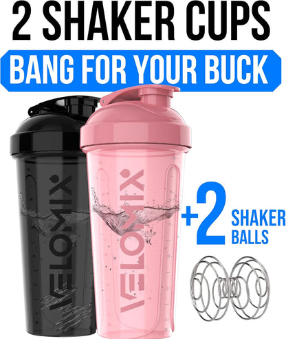 2 Pack- 28 oz Protein Shaker Bottles for Protein Mixes - 2x Wire Whisk | Leak Proof Shaker Cups for Protein Shakes | Protein Shaker Bottle Pack (Black/Transparent)