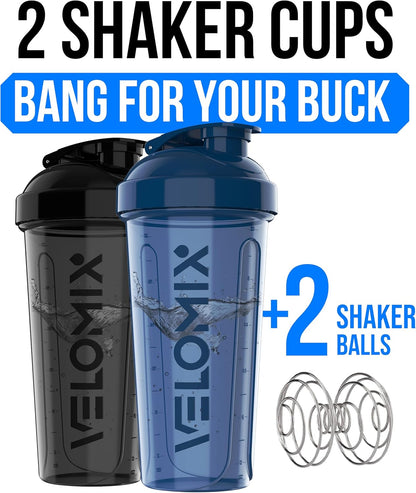 2 Pack- 28 oz Protein Shaker Bottles for Protein Mixes - 2x Wire Whisk | Leak Proof Shaker Cups for Protein Shakes | Protein Shaker Bottle Pack (Black/Transparent)