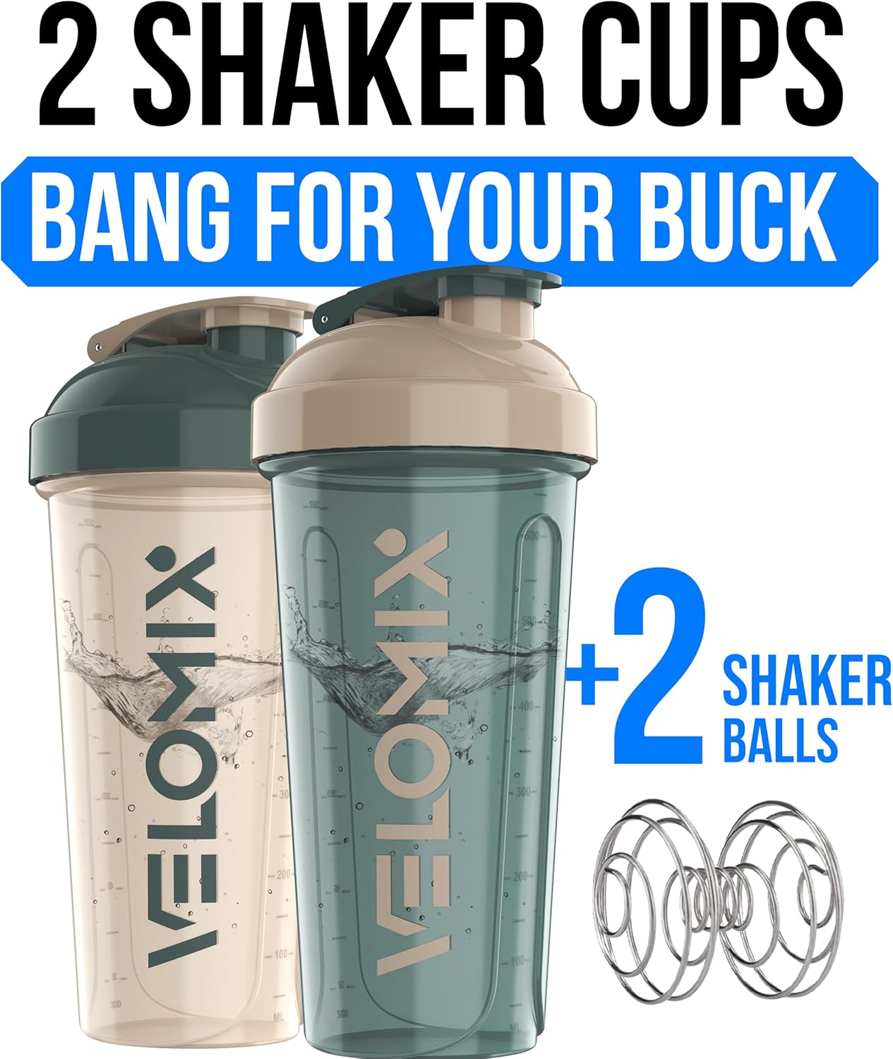 2 Pack- 28 oz Protein Shaker Bottles for Protein Mixes - 2x Wire Whisk | Leak Proof Shaker Cups for Protein Shakes | Protein Shaker Bottle Pack (Black/Transparent)