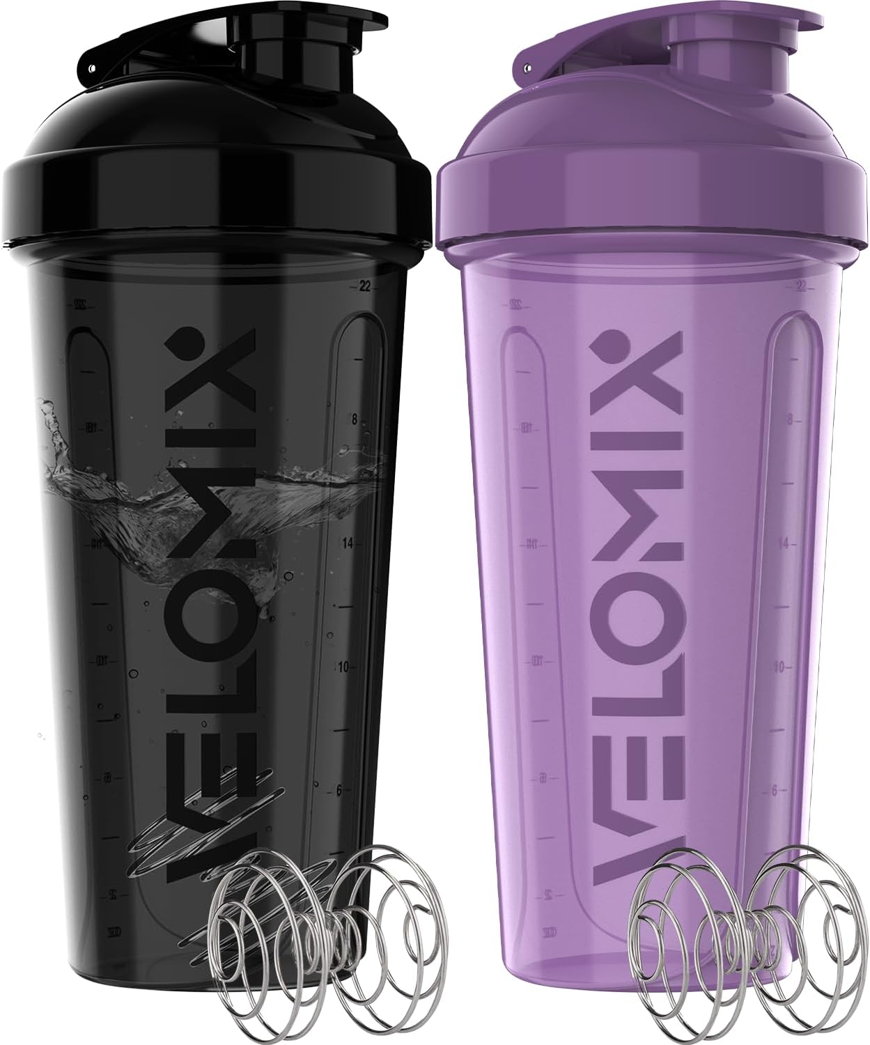 2 Pack- 28 oz Protein Shaker Bottles for Protein Mixes - 2x Wire Whisk | Leak Proof Shaker Cups for Protein Shakes | Protein Shaker Bottle Pack (Black/Transparent)