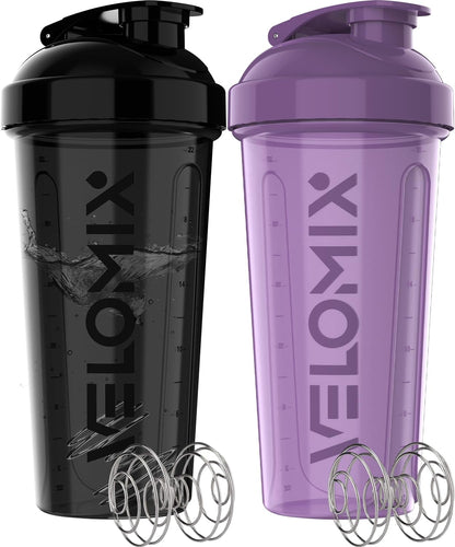 2 Pack- 28 oz Protein Shaker Bottles for Protein Mixes - 2x Wire Whisk | Leak Proof Shaker Cups for Protein Shakes | Protein Shaker Bottle Pack (Black/Transparent)