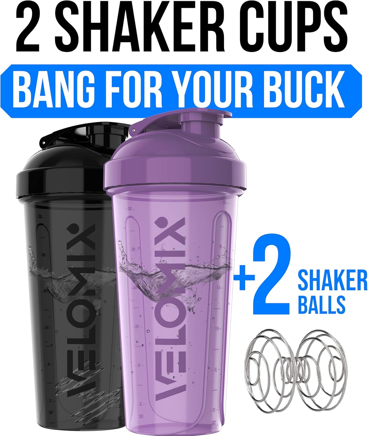 2 Pack- 28 oz Protein Shaker Bottles for Protein Mixes - 2x Wire Whisk | Leak Proof Shaker Cups for Protein Shakes | Protein Shaker Bottle Pack (Black/Transparent)