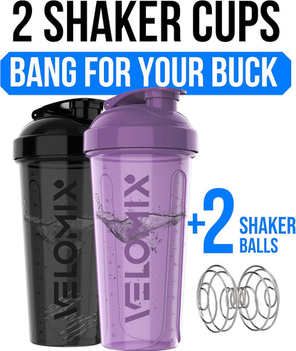 2 Pack- 28 oz Protein Shaker Bottles for Protein Mixes - 2x Wire Whisk | Leak Proof Shaker Cups for Protein Shakes | Protein Shaker Bottle Pack (Black/Transparent)
