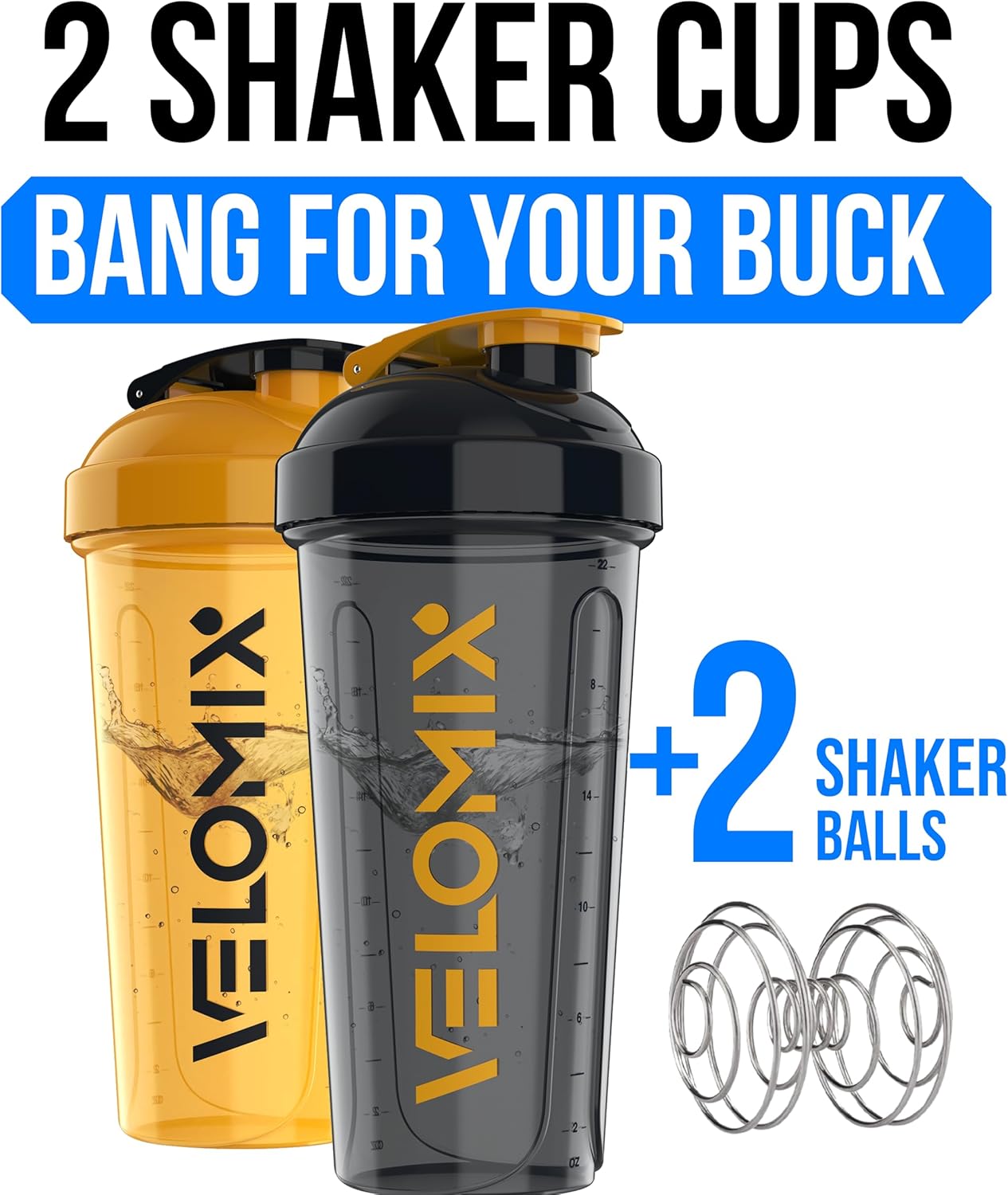 2 Pack- 28 oz Protein Shaker Bottles for Protein Mixes - 2x Wire Whisk | Leak Proof Shaker Cups for Protein Shakes | Protein Shaker Bottle Pack (Black/Transparent)