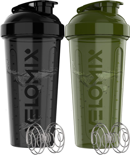 2 Pack- 28 oz Protein Shaker Bottles for Protein Mixes - 2x Wire Whisk | Leak Proof Shaker Cups for Protein Shakes | Protein Shaker Bottle Pack (Black/Transparent)