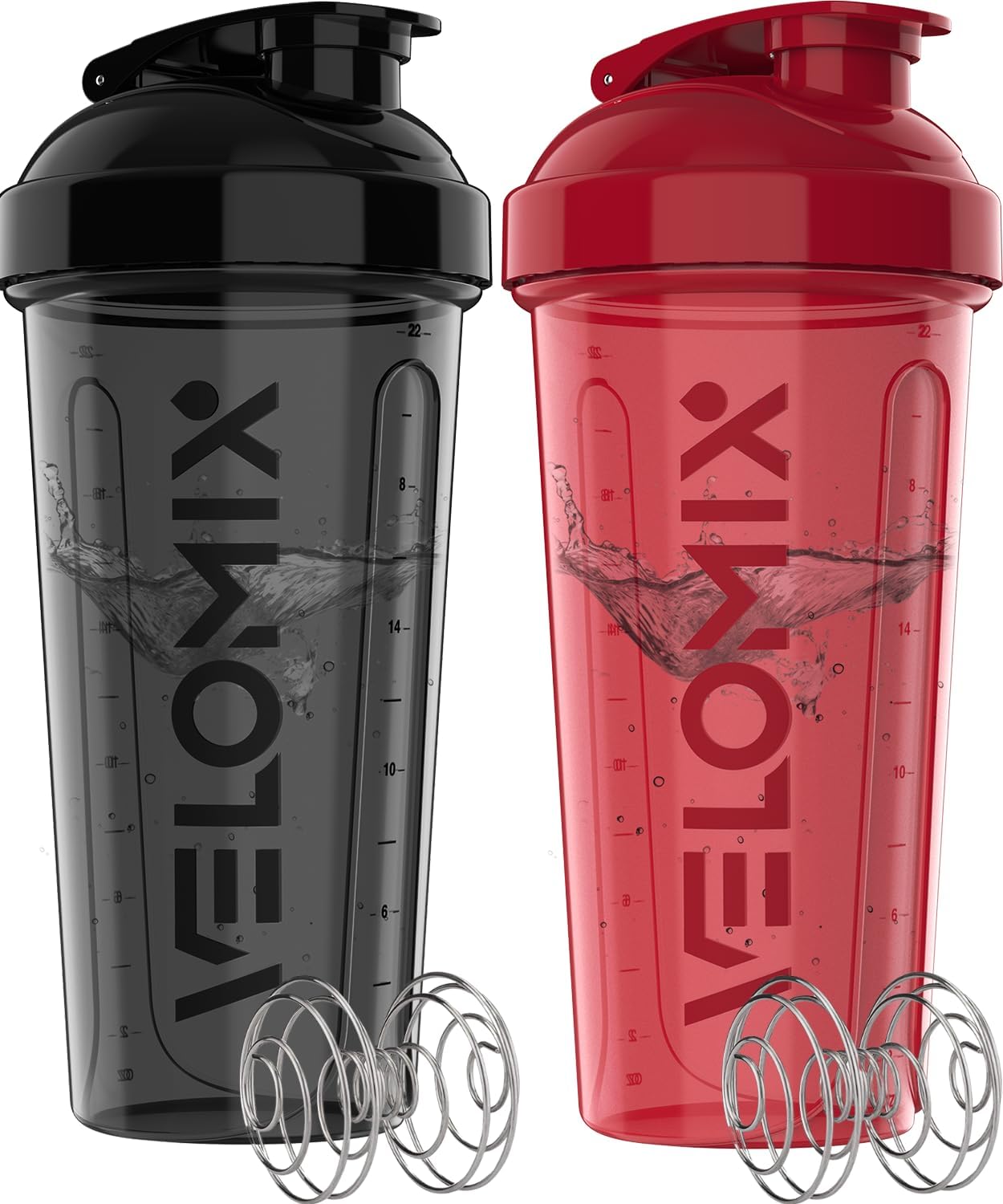 2 Pack- 28 oz Protein Shaker Bottles for Protein Mixes - 2x Wire Whisk | Leak Proof Shaker Cups for Protein Shakes | Protein Shaker Bottle Pack (Black/Transparent)