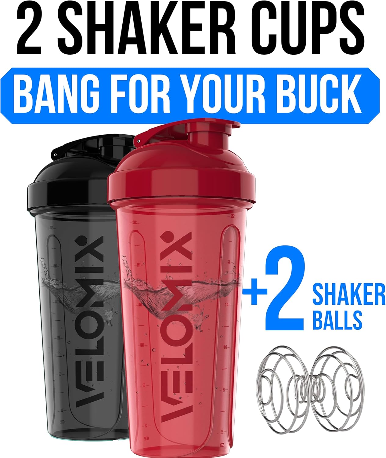 2 Pack- 28 oz Protein Shaker Bottles for Protein Mixes - 2x Wire Whisk | Leak Proof Shaker Cups for Protein Shakes | Protein Shaker Bottle Pack (Black/Transparent)